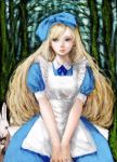  alice_(wonderland) apron blonde_hair blue_eyes bow bunny dress hair_bow long_hair looking_away pon rabbit red_eyes white_rabbit 