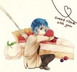  bad_id blue_eyes blue_hair cake food fork fruit hinata_(angel_beats!) looking_back lowres maico_(a218) male oversized_object school_uniform short_hair strawberry 