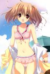  blush brown_hair fumio highres navel open_mouth sakura_sakura solo swimsuit tachibana_kurumi twintails 