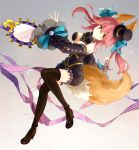  1girl animal_ears arctic bare_shoulders bow breasts caster_(fate/extra) cleavage detached_sleeves fate/extra fate/extra_ccc fate_(series) fox_ears fox_tail hair_bow hair_ribbon hat mini_top_hat mirror pink_hair ribbon solo suiten_nikkou_amaterasu_yanoshisu_ishi tail thigh-highs top_hat twintails yellow_eyes 
