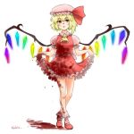  artist_request blonde_hair blood bow curtsey flandre_scarlet frills hair_bow hat jobiko legs lowres mary_janes ponytail pout red_eyes ribbon shoes short_hair side_ponytail skirt skirt_lift socks solo standing touhou vest wings 