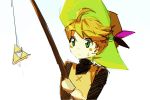  1girl blonde_hair fishing_rod green_eyes hat holding holding_fishing_rod muse_(rainforest) pokemon pokemon_special the_legend_of_zelda triforce yellow_(pokemon) 