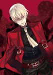  alternate_color aya_(min412) belt blazblue chain hazama highres male necktie red_background red_eyes solo vest white_hair 