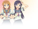  :3 aragaki_ayase blue_eyes hair_ornament hairclip kousaka_kirino long_hair multiple_girls ootomo_takuji orange_hair ore_no_imouto_ga_konna_ni_kawaii_wake_ga_nai purple_eyes purple_hair school_uniform serafuku smile takuji v wallpaper 