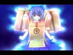 ? armored_core aura blue_eyes blue_hair bow cardboard_box_gundam cirno fairy fighting_stance glowing hair_bow letterboxed nineball_seraph short_hair smile solo touhou wings yanagi_ryou ⑨ 