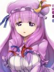  1girl blush breasts crescent hair_ribbon hat heart heart-shaped_pupils highres large_breasts long_hair looking_at_viewer patchouli_knowledge pinkarage purple_hair ribbon simple_background solo symbol-shaped_pupils touhou violet_eyes white_background 
