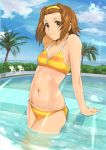  brown_eyes brown_hair cloud clouds flat_chest funky-harem hairband highres k-on! navel palm_tree pool shiny shiny_skin short_hair shu-z sky smile solo striped striped_swimsuit swimsuit tainaka_ritsu tree wading water 