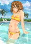  blush brown_eyes brown_hair cloud clouds flat_chest funky-harem hair_down highres k-on! navel palm_tree pool shiny shiny_skin short_hair shu-z sky solo striped striped_swimsuit swimsuit tainaka_ritsu tree wading water 