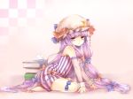  bare_shoulders beads book crescent crescent_moon crystal_ball hat long_hair patchouli_knowledge purple_eyes purple_hair ribbon rojiko solo thigh_ribbon touhou violet_eyes wrist_cuffs 