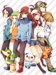  araragi_(pokemon) baseball_cap bel_(pokemon) bell_(pokemon) black_hair blonde_hair blue_eyes brown_eyes brown_hair cheren_(pokemon) denim denim_shorts fiute glasses green_eyes green_hair hands_in_pocket hands_in_pockets hat highres holding_hands jacket jewelry n_(pokemon) orange_legwear oshawott pantyhose pendant pokemon pokemon_(game) pokemon_black_and_white pokemon_bw ponytail shorts snivy tepig touko_(pokemon) touya_(pokemon) vest wink 