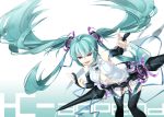  aqua_hair belt bridal_gauntlets elbow_gloves fingerless_gloves gloves hatsune_miku hatsune_miku_(append) long_hair miku_append necktie red_eyes smile solo thigh-highs thighhighs tomasu twintails very_long_hair vocaloid vocaloid_append 
