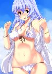  blue_eyes blue_hair chobits long_hair navel_piercing open_clothes open_shirt piercing shirt swimsuit tenpura_(artist) yuzuki 