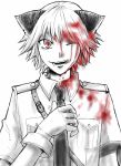  :d animal_ears blood fang gloves hellsing highres male military military_uniform monochrome necktie open_mouth red_eyes satoooo schrodinger smile solo spot_color tongue uniform wince wolf_ears 