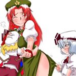  blush breast_smother clothes_grab flandre_scarlet glomp hand_on_head happy hong_meiling hug red_eyes red_hair redhead remilia_scarlet side_ponytail sketch touhou 