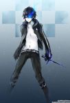  bad_id black_rock_shooter black_rock_shooter_(character) black_rock_shooter_(cosplay) checkered cosplay glowing glowing_eyes i-riya kaito male navel open_clothes open_shirt shirt solo sword vocaloid weapon 