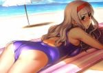  ass bare_shoulders beach blonde_hair blush breast_press breasts competition_swimsuit hairband idolmaster large_breasts long_hair lying ocean on_stomach one-piece_swimsuit red_eyes seki_suzume shijou_takane silver_hair solo swimsuit umbrella 