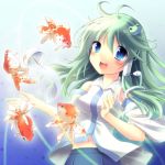  :d blue_eyes breasts detached_sleeves fish floating frog goldfish green_hair hair_ornament kochiya_sanae long_hair navel open_mouth oruton short_hair smile solo touhou wind_chime 