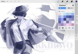  2boys black_hat black_jacket black_necktie black_pants chance_(forsaken) closed_mouth collared_shirt cowboy_shot fedora forsaken_(roblox) hat highres jacket kirbo long_sleeves mafioso_(forsaken) multiple_boys necktie pants roblox shirt smile solo_focus sunglasses white_shirt 