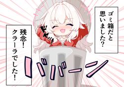  1girl :3 absurdres blush chibi clara_(honkai:_star_rail) closed_eyes coat emphasis_lines getting_up hair_between_eyes highres honkai:_star_rail honkai_(series) in_container in_trash_can long_hair miricia motion_lines open_mouth red_coat simple_background smile solo trash_can upper_body very_long_hair white_background white_hair 