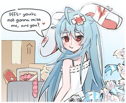  1girl @_@ ahoge animal_ears bandaged_ear bandages blue_hair blush bone box crying double-parted_bangs dress english_text food gradient_background hair_between_eyes indie_virtual_youtuber intestines krumroll_(artist) light_blue_hair long_hair looking_back lop_rabbit_ears para_(vtuber) para_(vtuber)_(1st_costume) parasite_(para) rabbit_ears rabbit_girl red_eyes sidelocks spaghetti_strap speech_bubble steak trash_can upper_body very_long_hair virtual_youtuber white_dress 