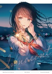  1girl artist_name beach blue_sailor_collar blue_skirt blurry blurry_background brown_hair city_lights english_text fireworks green_eyes hand_on_own_cheek hand_on_own_face hand_up highres hill hiten_(hitenkei) holding holding_fireworks long_hair long_sleeves looking_at_viewer mountain neckerchief ocean open_mouth original outdoors pleated_skirt reaching reaching_towards_viewer red_neckerchief sailor_collar school_uniform serafuku shirt skirt smile solo sparkler standing sunset upper_body water white_serafuku white_shirt 