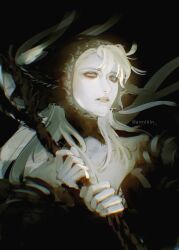  1girl ambrosia_(dungeon_meshi) annikin black_dress black_headscarf black_hood detached_hood dress dungeon_meshi ear_covers elf headscarf highres holding holding_staff lace-trimmed_headwear lace-trimmed_hood lace_trim marcille_donato marcille_donato_(lord) pointy_ears solo staff wimple 