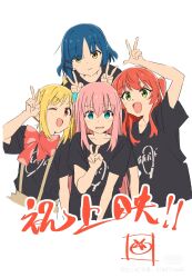  4girls :d arm_up black_shirt blonde_hair blue_eyes blue_hair bocchi_the_rock! brown_eyes commentary cube_hair_ornament double_v gotoh_hitori green_eyes hair_ornament highres ijichi_nijika kita_ikuyo long_hair looking_at_viewer multiple_girls one_eye_closed open_mouth pink_hair red_hair shirt short_hair simple_background smile tomato_(lsj44867) upper_body v white_background yamada_ryo 