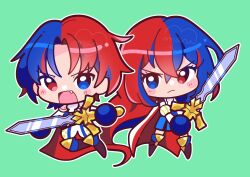  1boy 1girl absurdres alear_(female)_(fire_emblem) alear_(fire_emblem) alear_(male)_(fire_emblem) blue_eyes blue_hair cape chibi chibi_only crossed_bangs dual_persona fang fire_emblem fire_emblem_engage green_background hair_between_eyes heterochromia highres holding holding_sword holding_weapon long_hair long_sleeves looking_at_viewer marikyuunn multicolored_hair open_mouth red_eyes red_hair short_hair simple_background split-color_hair sword two-tone_hair very_long_hair watermark weapon 