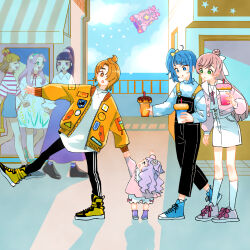  1boy 6+girls asahina_mirai black_overalls black_pants blonde_hair blue_eyes blue_hair blue_shirt blue_shoes blue_skirt blue_sky blunt_bangs bow casual child closed_eyes clouds cloudy_sky collared_shirt cup cut_bangs day double_vertical_stripe dress ellee-chan green_eyes grey_shoes hair_bow hair_bun hair_over_shoulder hair_ribbon hanami_kotoha hirogaru_sky!_precure holding holding_cup holding_hands izayoi_liko jacket jewelry long_hair long_skirt long_sleeves looking_at_another looking_back mahou_girls_precure! medium_dress medium_hair miniskirt multiple_girls necklace nijigaoka_mashiro ocean one_side_up open_mouth orange_hair outdoors overalls pants pink_hair pink_jacket ponytail precure purple_hair purple_skirt red_eyes ribbon shirt shoes short_dress short_hair side_ponytail single_hair_bun single_sidelock skirt sky smile socks sora_harewataru spacecraft star_(symbol) star_twinkle_precure ton_(ton39342104) white_dress white_ribbon white_shirt white_socks yellow_bow yellow_jacket yellow_shoes yuunagi_tsubasa 
