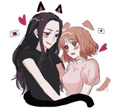  2girls animal_ears black_eyes black_hair black_shirt blush brown_hair cat_girl cat_tail commentary_request dog_ears dog_girl dog_tail eagle_talon_(car) heart japan-korea_yuri_(meme) japanese_flag long_hair looking_at_another me7db meme multiple_girls original parted_lips pink_shirt shirt short_hair short_sleeves simple_background smile south_korean_flag tail white_background yuri 