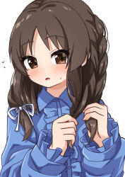  1girl :o blue_shirt blush braiding_hair center_frills comiching commentary_request frills hair_ribbon hairdressing highres holding holding_own_hair idolmaster idolmaster_cinderella_girls looking_at_viewer ribbon shirt simple_background solo sweatdrop tachibana_arisu upper_body white_background white_ribbon 