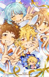  4boys animal_ears blonde_hair blue_flower blue_hair blue_shirt blush bouquet brown_eyes brown_hair character_doll closed_eyes corrupted_twitter_file double_v english_text ensemble_stars! fake_animal_ears flower grin hair_ornament happy_birthday head_rest highres itsuki_shu joikzo kagehira_mika long_sleeves male_focus mashiro_tomoya multiple_boys nito_nazuna one_eye_closed open_mouth rabbit_ears rabbits_(ensemble_stars!) red_eyes ribbon shino_hajime shirt short_hair smile star_(symbol) star_hair_ornament tenma_mitsuru v yellow_ribbon 