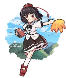  1girl belt black_belt black_bow black_bowtie black_hair black_skirt bow bowtie closed_mouth clouds cloudy_sky collared_shirt commentary_request day frilled_skirt frills geta hand_fan happy hat hauchiwa highres holding holding_fan holding_notepad mountainous_horizon notepad outdoors puffy_short_sleeves puffy_sleeves red_eyes red_footwear red_hat shameimaru_aya shirt short_sleeves skirt sky smile socks solo tassel tengu-geta tokin_hat touhou untucked_shirt uzumaki_osushi white_shirt white_socks 