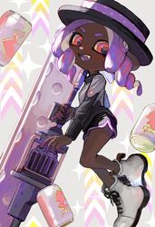  1girl absurdres black_hat black_shirt black_shorts boater_hat boots can collared_shirt colored_tongue commentary_request dark-skinned_female dark_skin dolphin_shorts drill_hair drink_can dynamo_roller_(splatoon) fangs full_body grey_background hat hat_ribbon highres holding holding_weapon long_hair long_sleeves octoling octoling_girl octoling_player_character open_mouth pink_eyes polka_dot polka_dot_ribbon purple_hair purple_ribbon purple_tongue ribbon shima_(shimmer_7y) shirt shorts solo sparkle splatoon_(series) splatoon_3 suction_cups tentacle_hair twin_drills weapon white_footwear 