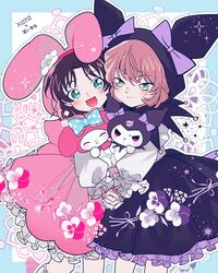  2girls ^_^ animal_ear_hood animal_ears animal_hood asako_(itiba) black_dress black_hair black_hood blue_bow blue_eyes blush bow bow_earrings brown_hair character_hood chibi child closed_eyes cosplay dress earrings fake_animal_ears flower frilled_dress frills haibara_ai hair_between_eyes highres holding_chibi holding_hands hood jewelry kuromi kuromi_(cosplay) kurumi_nui long_sleeves meitantei_conan multiple_girls my_melody my_melody_(cosplay) open_mouth pink_bow pink_dress pink_hood puffy_long_sleeves puffy_sleeves rabbit_hood sanrio short_hair smile yoshida_ayumi 