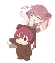  1girl absurdres animal_costume bear_costume blush_stickers chibi commentary hashtag-only_commentary heterochromia highres hololive houshou_kumarine houshou_marine houshou_marine_(1st_costume) multiple_views red_eyes red_hair simple_background solo_focus twintails virtual_youtuber white_background yellow_eyes yoshinone 