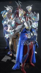  2boys \m/ alien arm_blade armor artist_name black_background black_skin blue_cape blue_eyes blue_gemstone blue_skin breastplate cape castlings chinese_text color_timer colored_skin commentary copyright_notice dark_persona darklops_zero doppelganger english_text eye_slugger facial_mark forehead_jewel full_body gem glowing glowing_eyes gold_skin gold_trim green_gemstone grey_skin hand_up highres looking_ahead looking_up mixed-language_text multicolored_skin multiple_boys multiple_forms muscular muscular_male no_pupils official_alternate_color one-eyed orange_eyes pectorals pointy_ears purple_skin red_eyes red_gemstone red_skin shining_ultraman_zero shoulder_armor silver_skin spikes standing tokusatsu ultimate_zero ultra_bracelet_(ultraman_zero) ultra_galaxy_(series) ultra_galaxy_fight:_the_absolute_conspiracy ultra_galaxy_fight:_the_destined_crossroad ultra_series ultraman_geed_(series) ultraman_zero ultraman_zero_(luna-miracle_zero) ultraman_zero_(strong-corona_zero) ultraman_zero_beyond ultraman_zero_darkness ultraman_zero_vs._darklops_zero ultraman_zero_wildburst watermark weapon yellow_eyes 