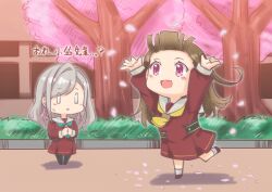  2girls :d absurdres aqua_neckerchief arms_up bangs_blown_up black_pantyhose blush brown_dress brown_hair brown_shoes center-flap_bangs ceras_yanagida_lilienfeld cherry_blossoms chibi chibi_only commentary_request dress falling_petals grey_hair hair_ribbon hasu_no_sora_school_uniform highres in-universe_location kachimachi_kosuzu leg_up link!_like!_love_live! long_hair long_sleeves looking_at_another love_live! matsurugi_tsukasa medium_dress multiple_girls neckerchief open_mouth outdoors own_hands_together pantyhose petals pink_eyes pink_petals pink_ribbon pleated_dress ribbon sailor_collar sailor_dress school_uniform shoes smile socks translation_request virtual_youtuber white_sailor_collar white_socks winter_uniform yellow_neckerchief 