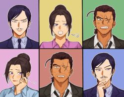  1girl 2boys anger_vein beard_stubble black_hair blush clenched_teeth commentary_request facial_hair green_background hair_bun highres looking_at_viewer meitantei_conan morofushi_takaaki multiple_boys multiple_views mustache nito_nana one_eye_closed pink_background puff_of_air purple_background red_background scar scar_across_eye scar_on_face sidelocks simple_background smile stubble suit sweatdrop teeth uehara_yui yamato_kansuke yellow_background 