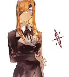  1girl arm_under_breasts black_jacket black_ribbon blue_eyes blunt_bangs chinese_commentary collared_shirt command_spell expressionless eyepatch fate/grand_order fate_(series) hair_over_one_eye highres jacket lapels long_hair long_sleeves looking_at_viewer neck_ribbon ophelia_phamrsolone orange_hair parted_lips redoxhn ribbon shirt simple_background solo upper_body white_background white_shirt 