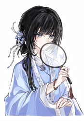  1girl absurdres beizi_(clothing) black_hair bracelet bug chinese_clothes epiao flower grey_eyes hair_bun hair_flower hair_ornament hair_stick hand_fan hanfu highres holding holding_fan jewelry long_hair long_sleeves looking_at_viewer mansui_(epiao) mole mole_under_eye official_alternate_costume official_alternate_hairstyle pankou procreate_(medium) simple_background single_hair_bun single_sidelock solo tassel transparent_fan tuanshan upper_body very_low_bun white_background wide_sleeves yigujingyuan268 