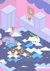  2girls artist_name chibi commentary crop_top glasses health_bar highres holding holding_staff indoors kalifa_(one_piece) lv5plant multiple_girls nami_(one_piece) one_piece orange_hair short_hair skirt soap staff 