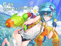  1girl absurdres blue_hair gloves highres holding innertube looking_at_viewer ocean open_mouth phantom_of_the_kill short_hair sky smile solo swim_ring swimsuit thighs visor_cap water_gun yellow_eyes 