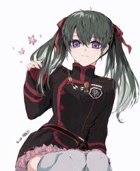  1girl badge belt birthday black_coat black_order_uniform bow coat cropped_legs cross d.gray-man earrings fingerless_gloves gloves green_hair grey_thighhighs hair_between_eyes hair_bow hair_ribbon happy_birthday highres holding holding_own_hair jewelry lenalee_lee light_smile long_hair looking_at_viewer military military_uniform miniskirt pink_skirt pink_star pleated_skirt red_bow red_gloves red_ribbon red_stripes ribbon simple_background sitting skirt sodamachi solo star_(symbol) striped_coat stud_earrings thigh-highs thighs twintails vertical-striped_coat violet_eyes white_background zettai_ryouiki 