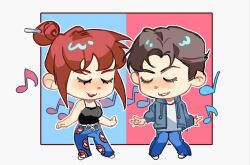 1boy 1girl bare_shoulders barefoot black_tank_top blue_background blue_pants blush border breasts brown_hair character_print chibi chibi_only chinese_commentary closed_eyes full_body grey_hoodie hair_bun highres hood hoodie long_sleeves marvel mary_jane_watson medium_breasts musical_note open_clothes open_hoodie outside_border pants peter_parker pink_background red_hair red_lips ribbon shirt short_hair sidelocks smile spider-man spider-man_(series) standing t-shirt tank_top teeth two-tone_background weibo_5831050596 white_border white_ribbon white_shirt white_sneakers 