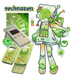  1girl :3 antennae bomal1215 cellphone cellphone_strap clock clover digital_clock digital_media_player flip_phone four-leaf_clover frog_hair_ornament geta green_theme hair_ornament mechanical_legs original personification phone plant robot sandals tabi vines 