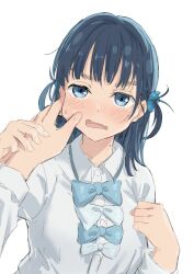  1girl absurdres basori_tiara blue_bow blue_bowtie blue_eyes blue_hair blush bow bowtie cheek_pinching collared_shirt flower hair_flower hair_ornament hand_on_another's_cheek hand_on_another's_face highres k2s long_hair long_sleeves looking_at_viewer make_heroine_ga_oo_sugiru! mole mole_on_neck official_alternate_hairstyle open_mouth pinching pov pov_hands school_uniform shirt simple_background solo_focus summer_uniform tsuwabuki_high_school_uniform two_side_up upper_body white_background white_shirt 