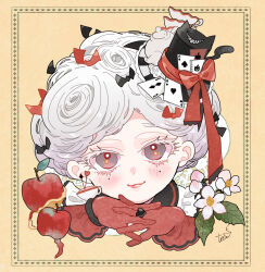  1girl apple apple_peel black_bow blush bow brown_eyes card closed_mouth colored_eyelashes eyelashes flower food fruit gloves hair_bow hair_ornament hat hat_ornament hat_ribbon leaf lips looking_at_viewer mini_hat mole mole_on_cheek mole_under_eye original playing_card portrait red_bow red_gloves red_lips red_ribbon ribbon signature smile solo white_flower white_hair yellow_background yukikoutya 