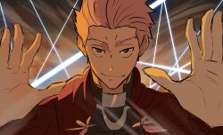  1boy archer_(fate) commentary dark_skin english_commentary fate/stay_night fate_(series) field_of_blades gears grey_eyes highres hood hoodie jujutsu_kaisen looking_at_viewer male_focus red_hoodie ryoumen_sukuna_(jujutsu_kaisen) self-upload shokobr smile solo unlimited_blade_works_(reality_marble) voice_actor_connection 