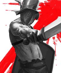  1boy belt commentary_request covered_face edomon_(toriaezu) gladiator greyscale_with_colored_background helm helmet highres holding holding_sword holding_weapon male_focus navel original outstretched_arm partial_commentary pointing_melee_weapon realistic red_background shield solo splatter_background standing stomach sword toned toned_male topless_male upper_body weapon 